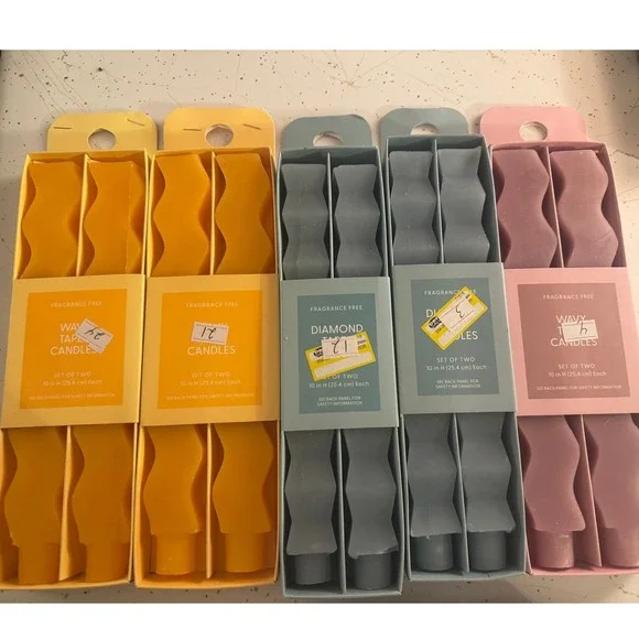 Room Essentials Wavy/Diamond Candles 5 Sets of 2 Fragrance Free Yellow Blue Pink - Picture 3 of 3